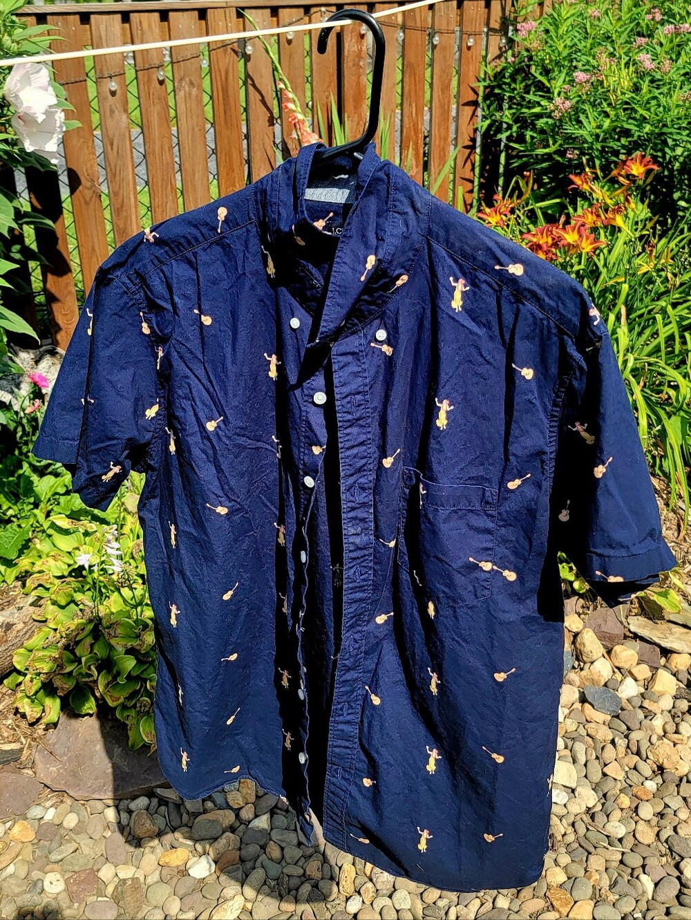 J. Crew Navy Short-Sleeve Button-Down Shirt with Embroidered Guitars